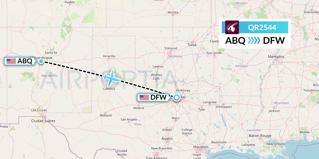 QR2544 Qatar Airways Flight Map: Albuquerque to Dallas