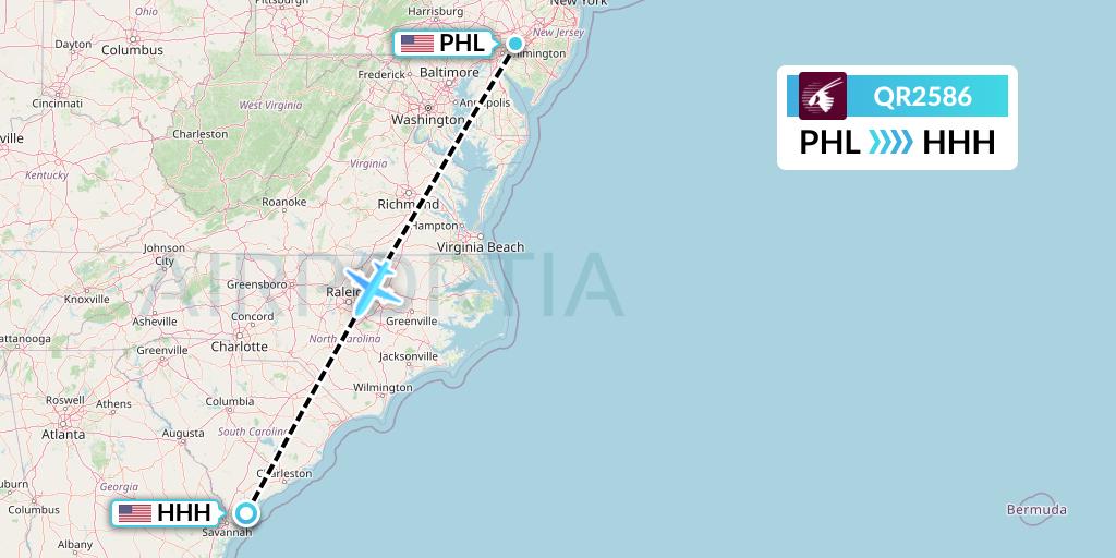QR2586 Qatar Airways Flight Map: Philadelphia to Hilton Head Island