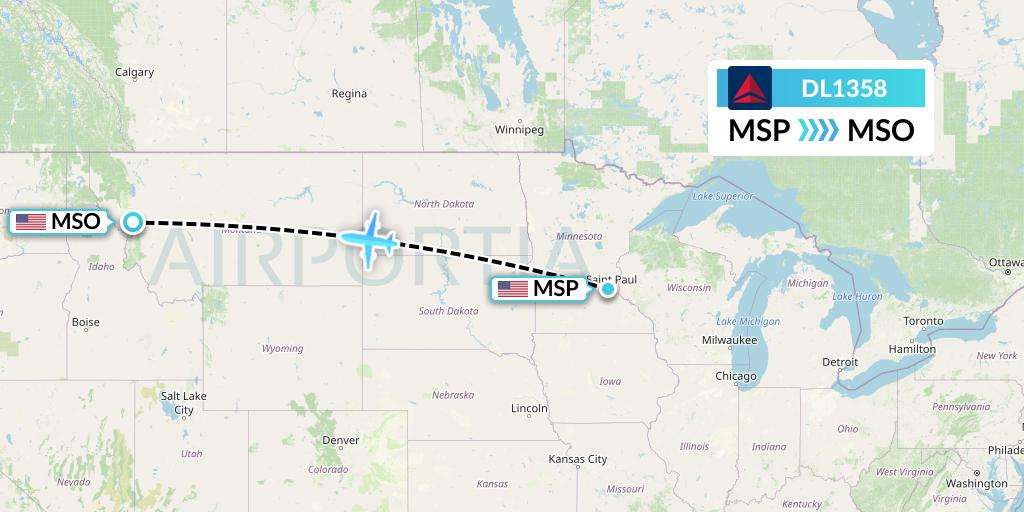 DL1358 Delta Air Lines Flight Map: Minneapolis to Missoula