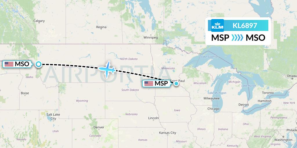 KL6897 KLM Flight Map: Minneapolis to Missoula