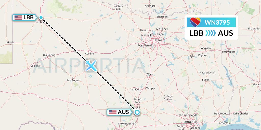 WN3795 Southwest Airlines Flight Map: Lubbock to Austin