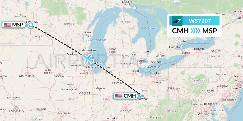 WS7207 WestJet Flight Map: Columbus to Minneapolis