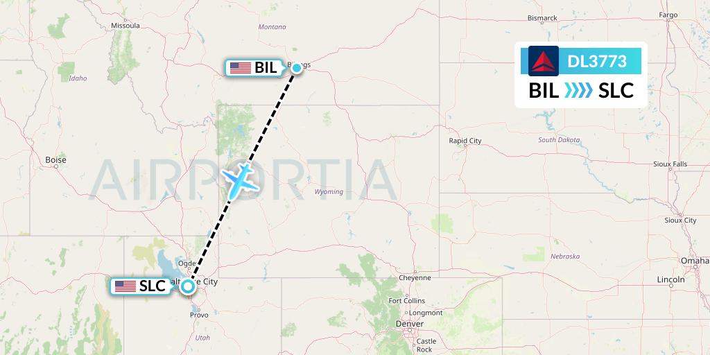 DL3773 Delta Air Lines Flight Map: Billings to Salt Lake City