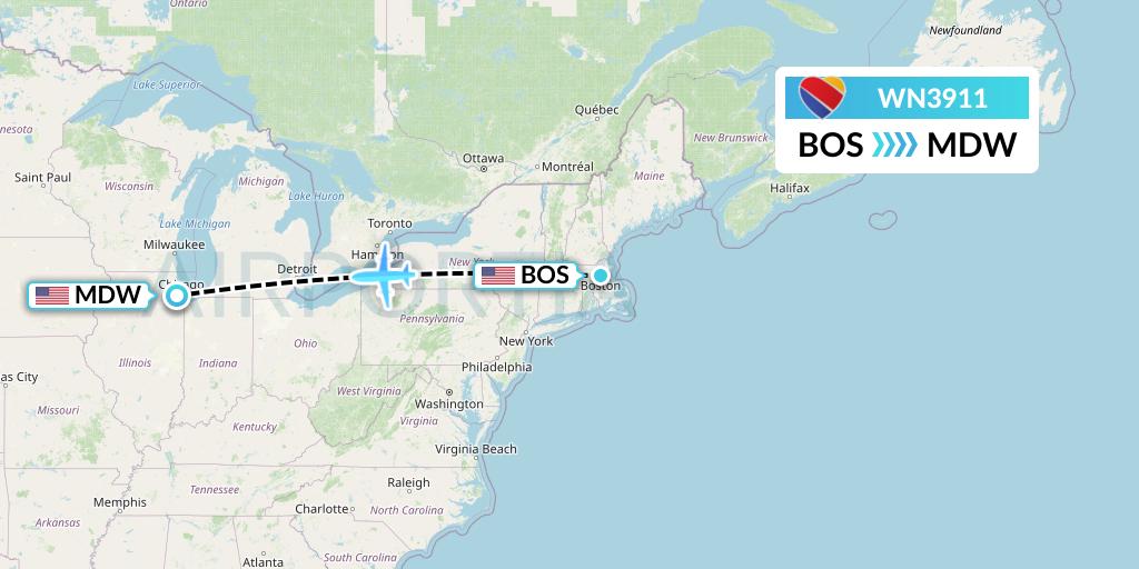 WN3911 Southwest Airlines Flight Map: Boston to Chicago