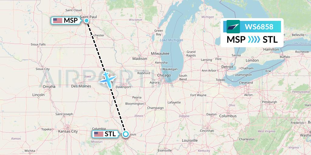 WS6858 WestJet Flight Map: Minneapolis to St. Louis