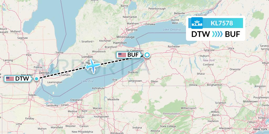 KL7578 KLM Flight Map: Detroit to Buffalo