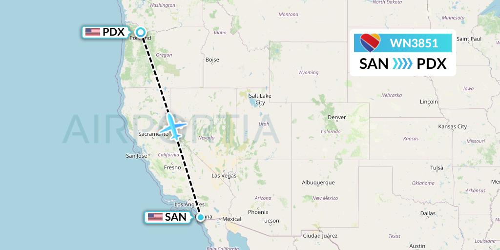 WN3851 Southwest Airlines Flight Map: San Diego to Portland