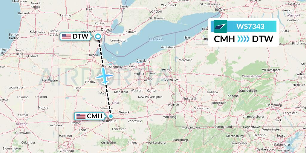 WS7343 WestJet Flight Map: Columbus to Detroit