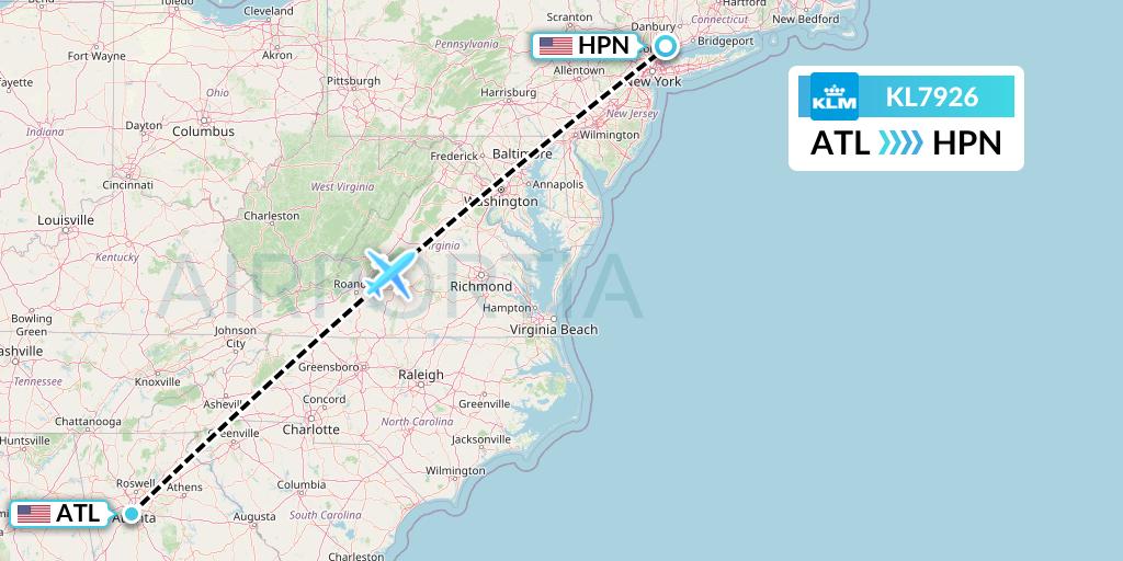 KL7926 KLM Flight Map: Atlanta to White Plains