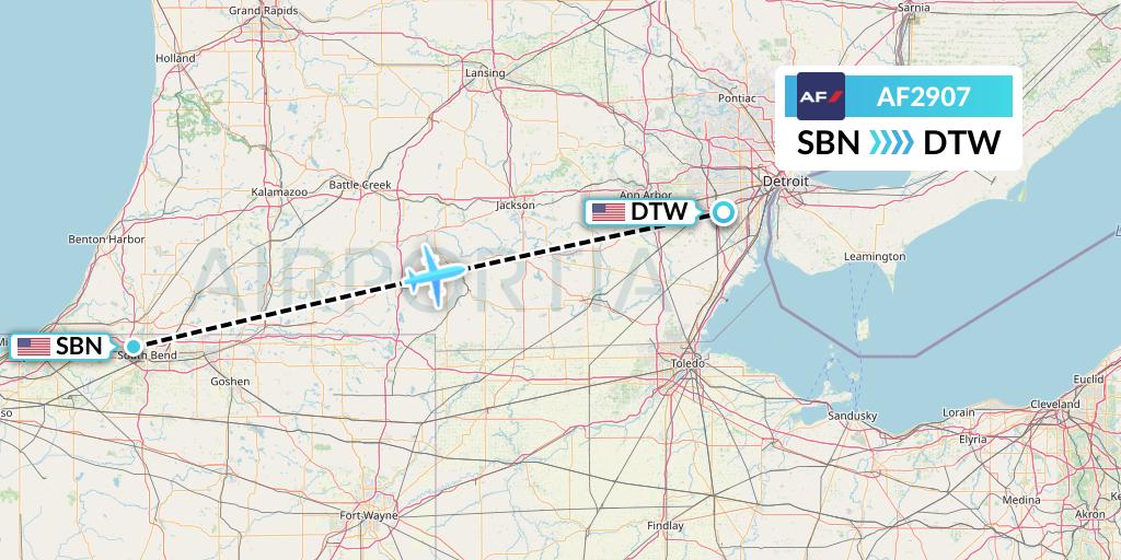 AF2907 Air France Flight Map: South Bend to Detroit