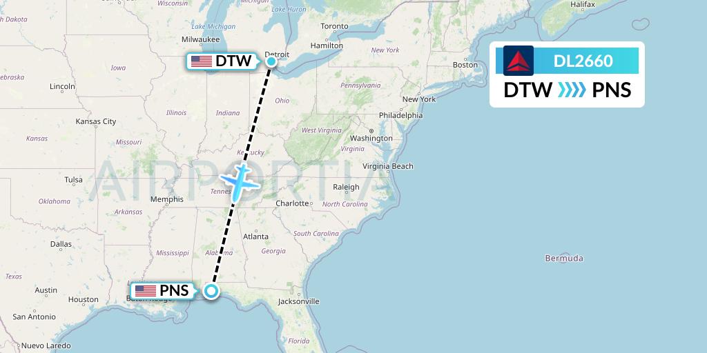 DL2660 Delta Air Lines Flight Map: Detroit to Pensacola