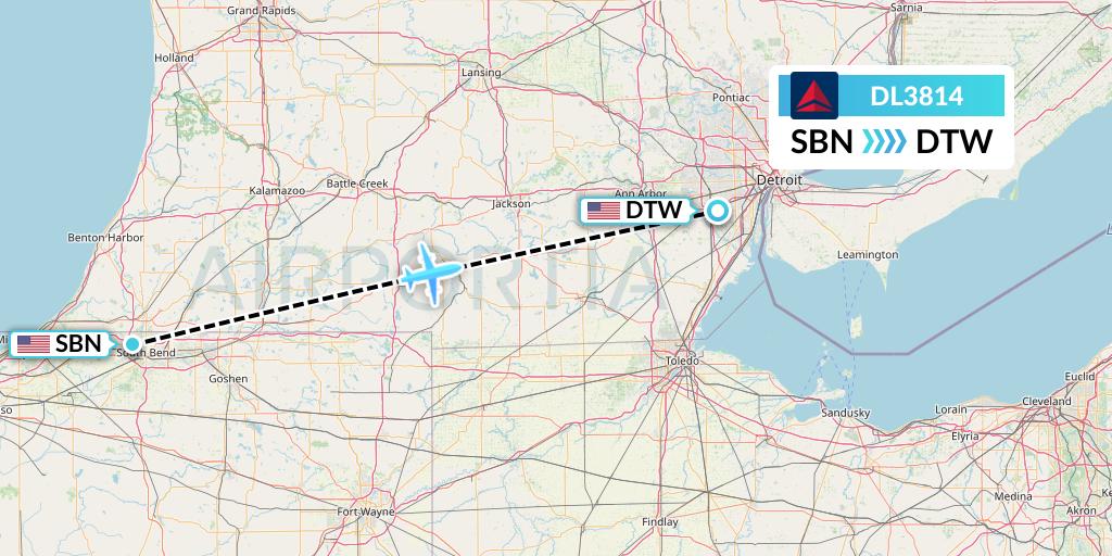 DL3814 Delta Air Lines Flight Map: South Bend to Detroit