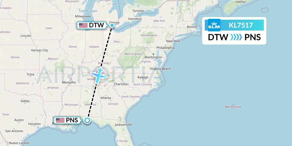 KL7517 KLM Flight Map: Detroit to Pensacola