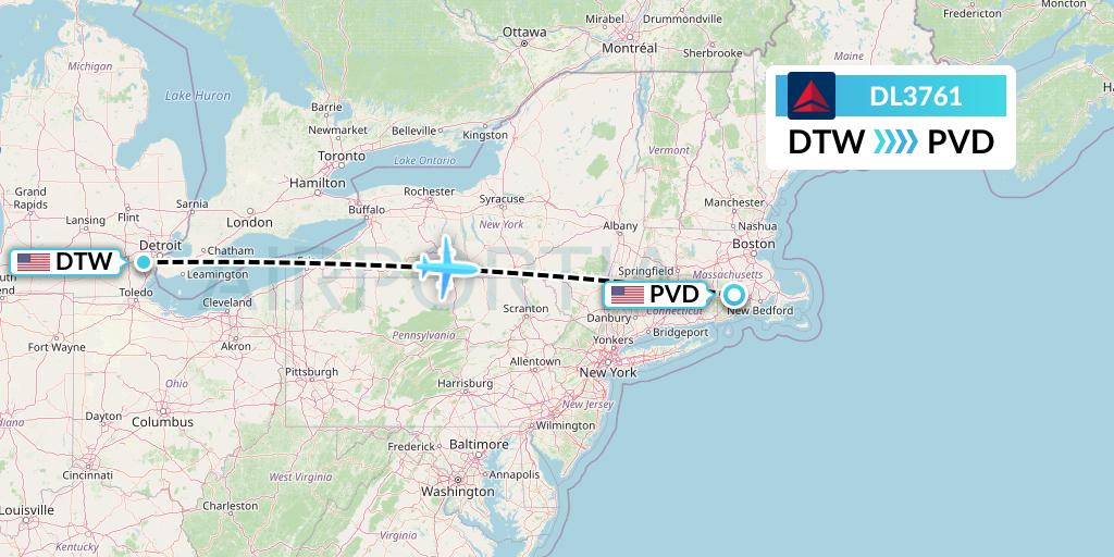 DL3761 Delta Air Lines Flight Map: Detroit to Providence