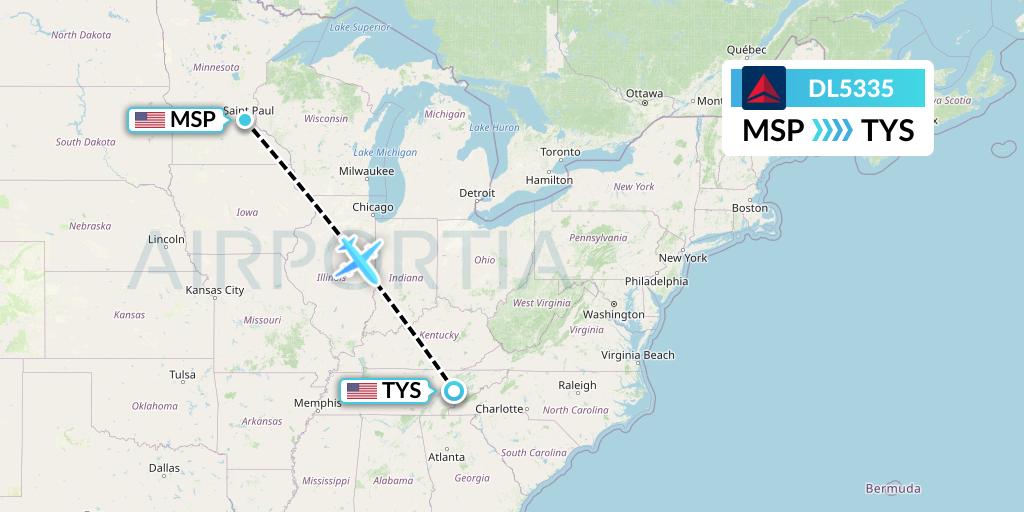 DL5335 Delta Air Lines Flight Map: Minneapolis to Knoxville