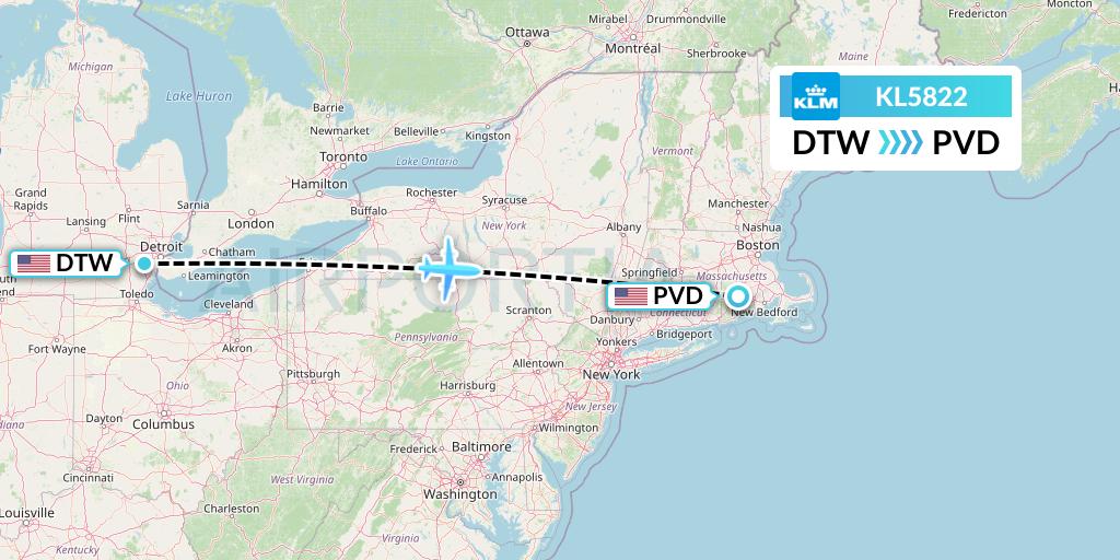 KL5822 KLM Flight Map: Detroit to Providence