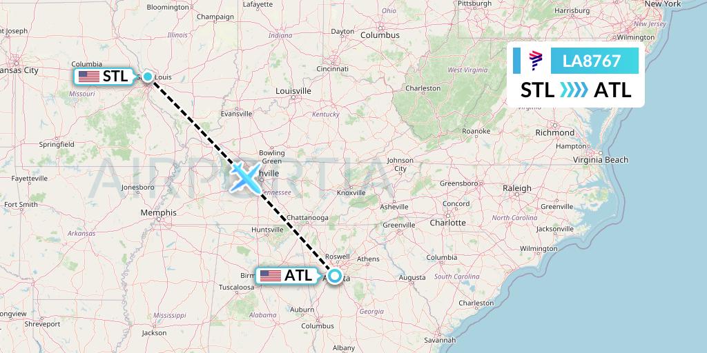 LA8767 LAN Airlines Flight Map: St. Louis to Atlanta