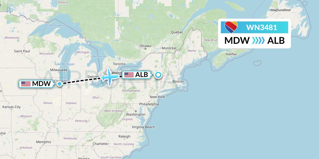 WN3481 Southwest Airlines Flight Map: Chicago to Albany