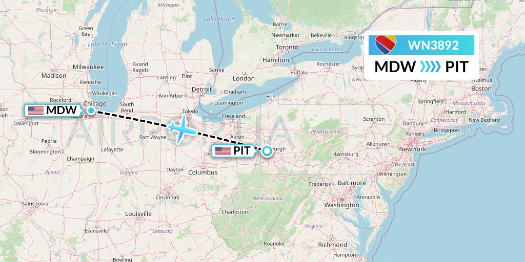 WN3892 Southwest Airlines Flight Map: Chicago to Pittsburgh