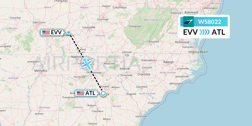 WS8022 WestJet Flight Map: Evansville to Atlanta