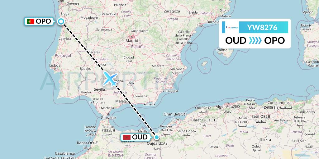 YW8276 Air Nostrum Flight Map: Oujda to Porto