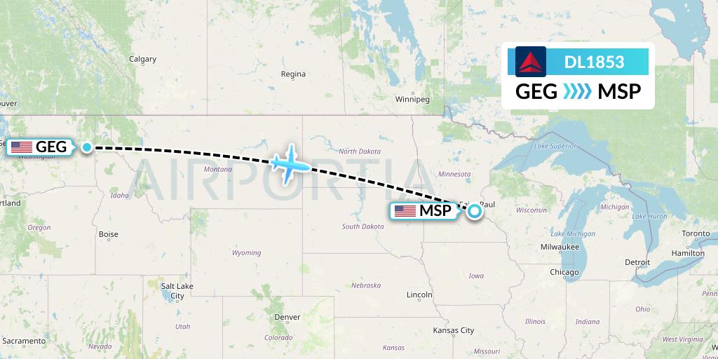 DL1853 Delta Air Lines Flight Map: Spokane to Minneapolis