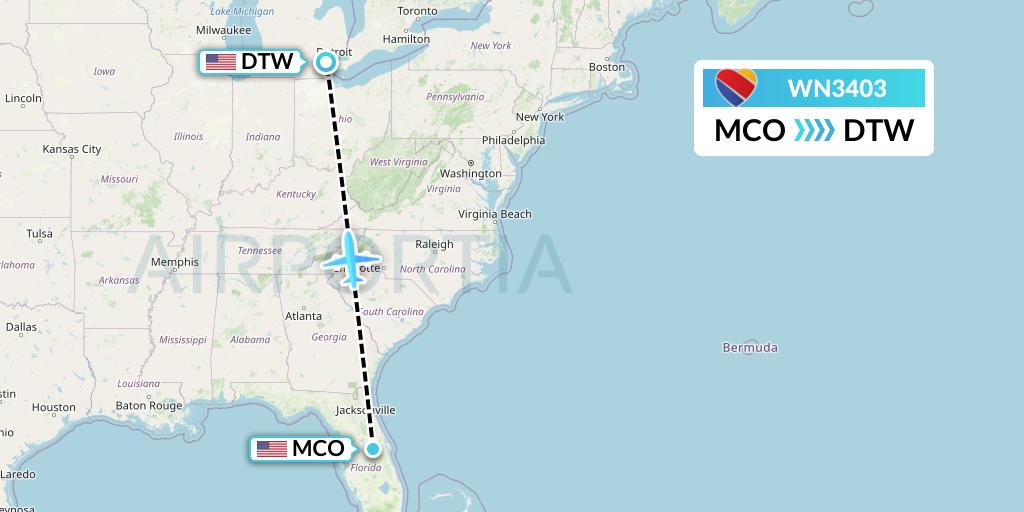 WN3403 Southwest Airlines Flight Map: Orlando to Detroit