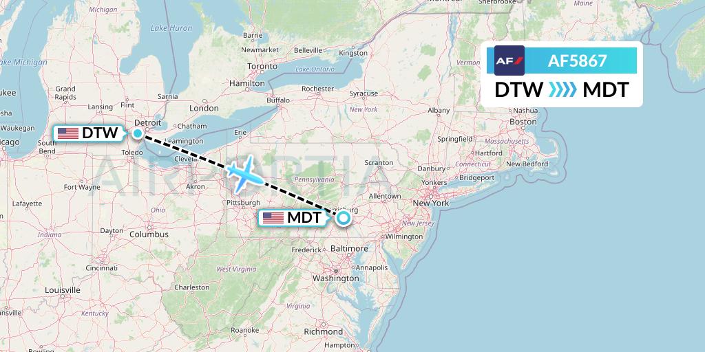 AF5867 Air France Flight Map: Detroit to Harrisburg
