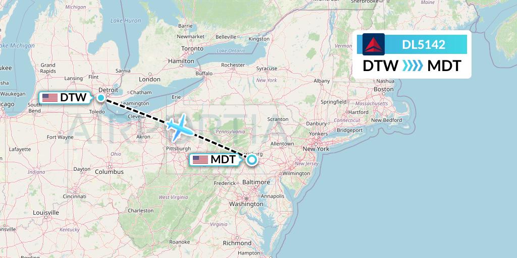 DL5142 Delta Air Lines Flight Map: Detroit to Harrisburg