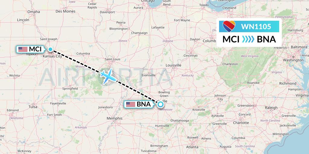 WN1105 Southwest Airlines Flight Map: Kansas City to Nashville
