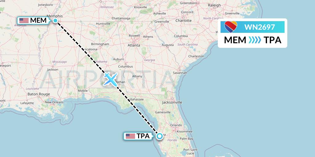WN2697 Southwest Airlines Flight Map: Memphis to Tampa