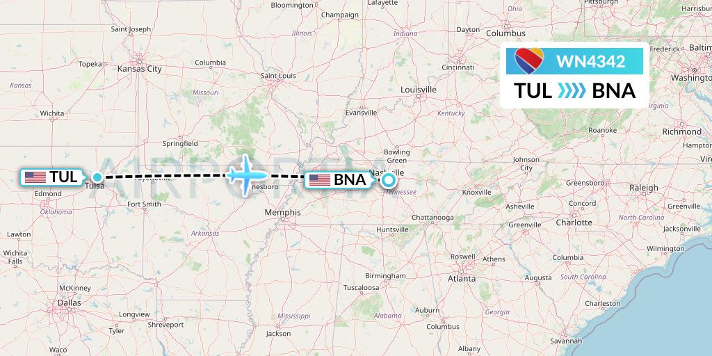 WN4342 Southwest Airlines Flight Map: Tulsa to Nashville