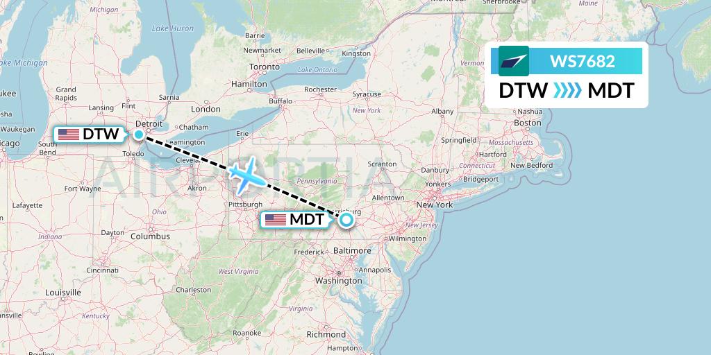 WS7682 WestJet Flight Map: Detroit to Harrisburg
