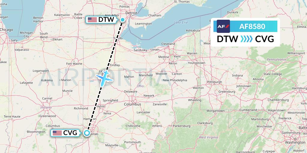 AF8580 Air France Flight Map: Detroit to Cincinnati