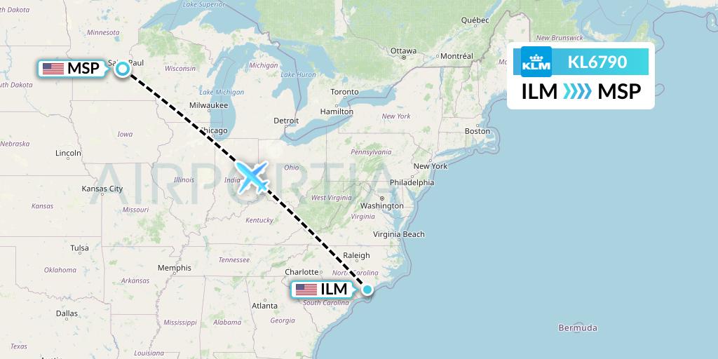 KL6790 KLM Flight Map: Wilmington to Minneapolis