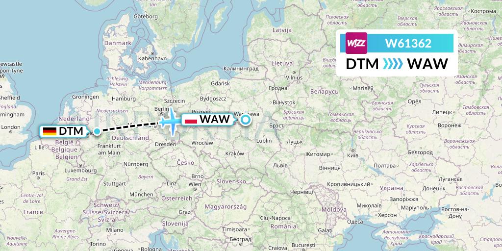 W61362 Wizz Air Flight Map: Dortmund to Warsaw
