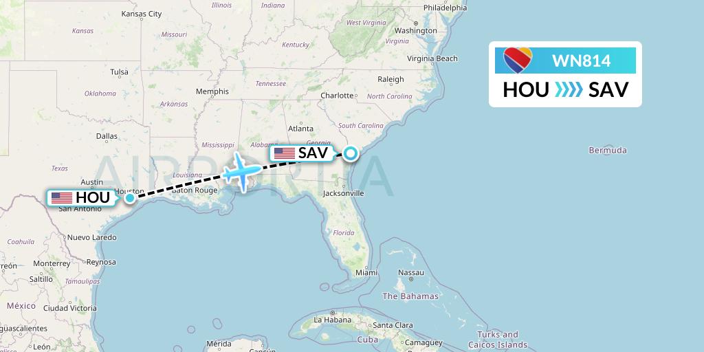 WN814 Southwest Airlines Flight Map: Houston to Savannah