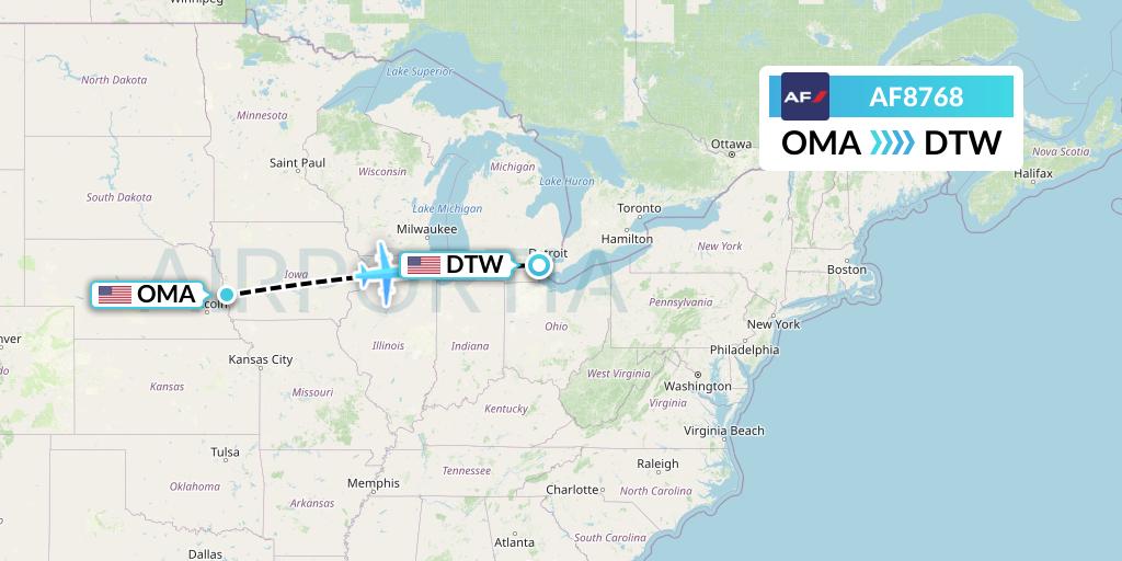 AF8768 Air France Flight Map: Omaha to Detroit