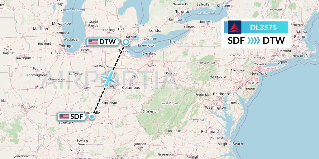 DL3575 Delta Air Lines Flight Map: Louisville to Detroit