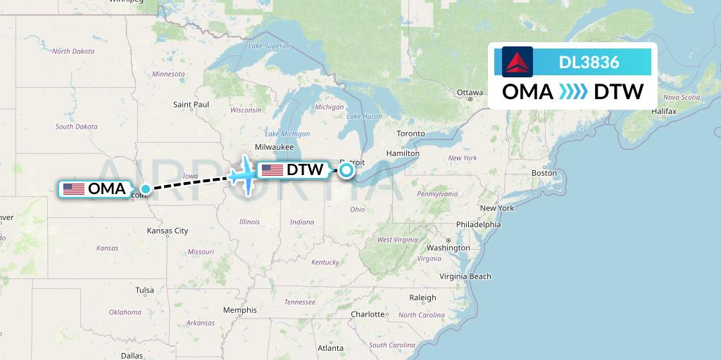 DL3836 Delta Air Lines Flight Map: Omaha to Detroit