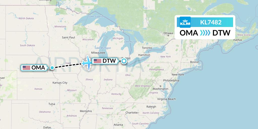 KL7482 KLM Flight Map: Omaha to Detroit