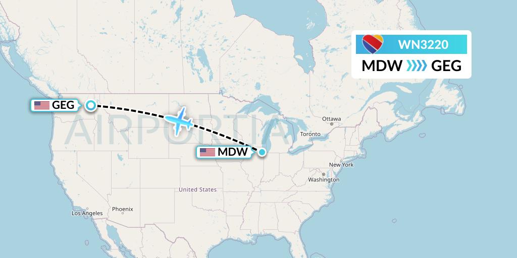 WN3220 Southwest Airlines Flight Map: Chicago to Spokane