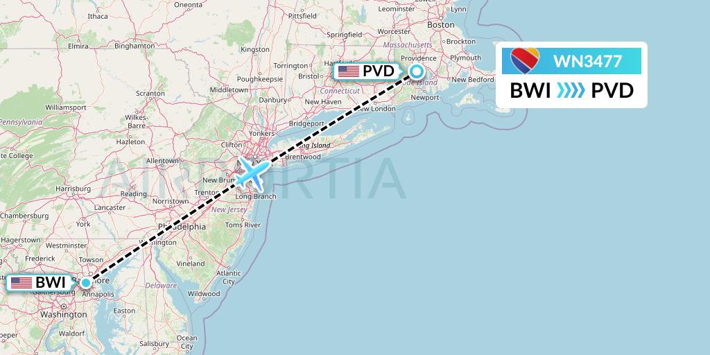 WN3477 Southwest Airlines Flight Map: Baltimore to Providence