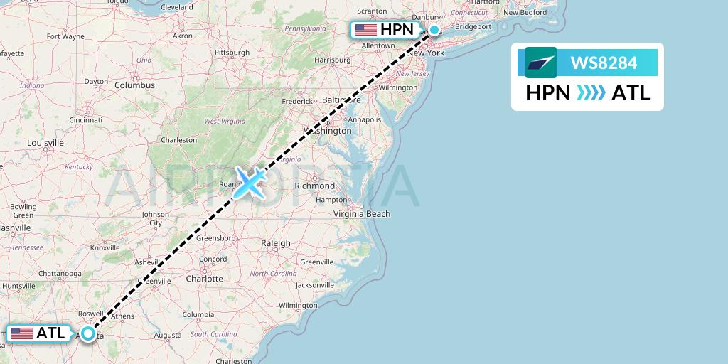 WS8284 WestJet Flight Map: White Plains to Atlanta