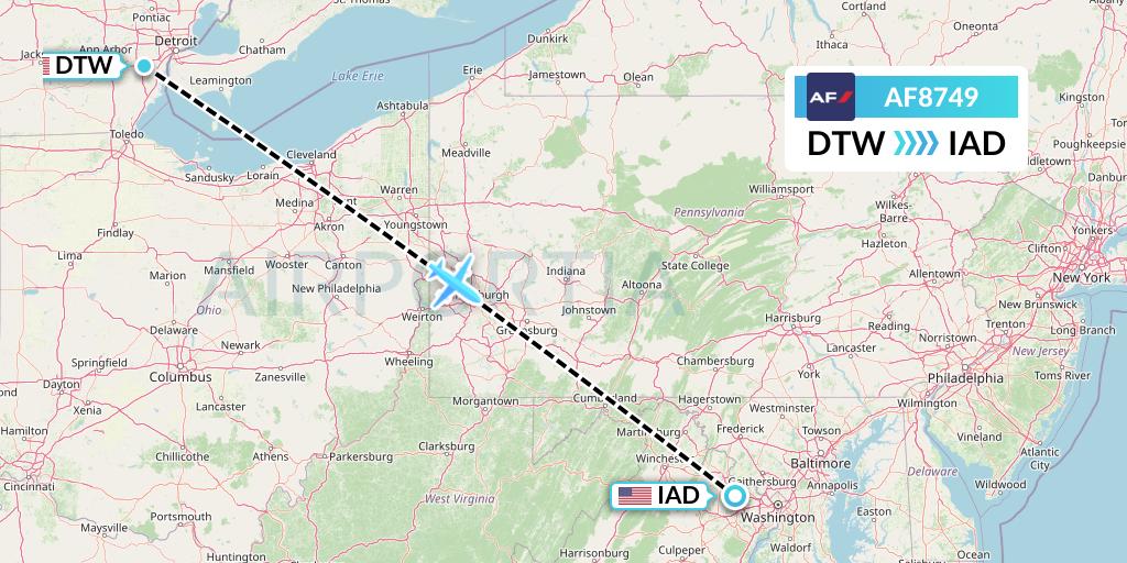 AF8749 Air France Flight Map: Detroit to Washington