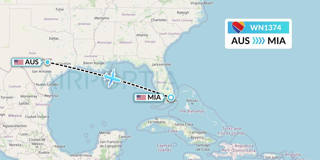WN1374 Southwest Airlines Flight Map: Austin to Miami