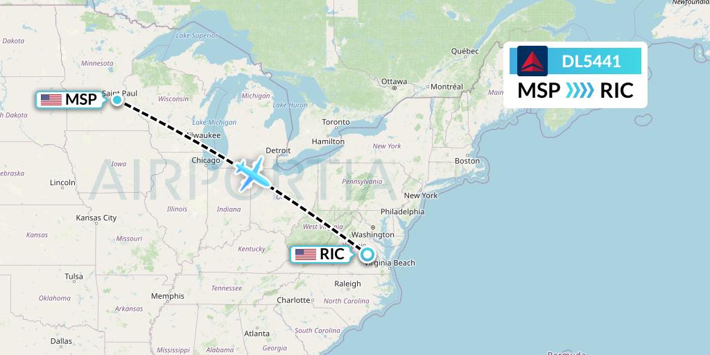 DL5441 Delta Air Lines Flight Map: Minneapolis to Richmond