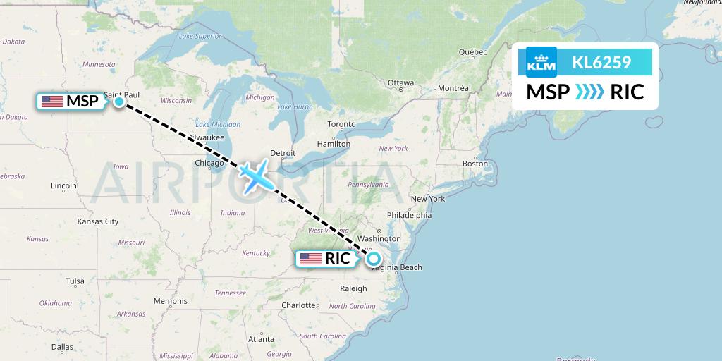 KL6259 KLM Flight Map: Minneapolis to Richmond