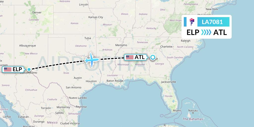 LA7081 LAN Airlines Flight Map: El Paso to Atlanta