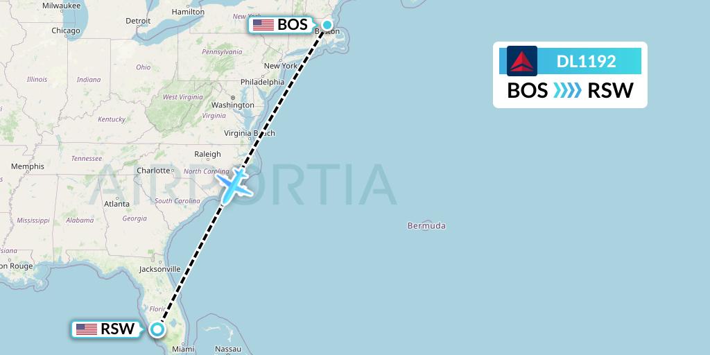 DL1192 Delta Air Lines Flight Map: Boston to Fort Myers